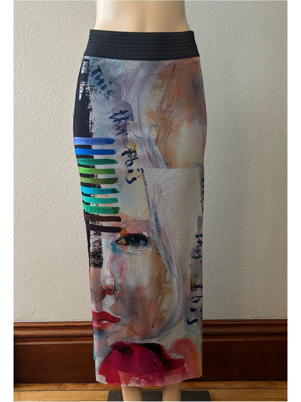 Petit Pois by Viviana G Art to Wear Maxi Skirt Watercolor Face Artsy Sz Medium